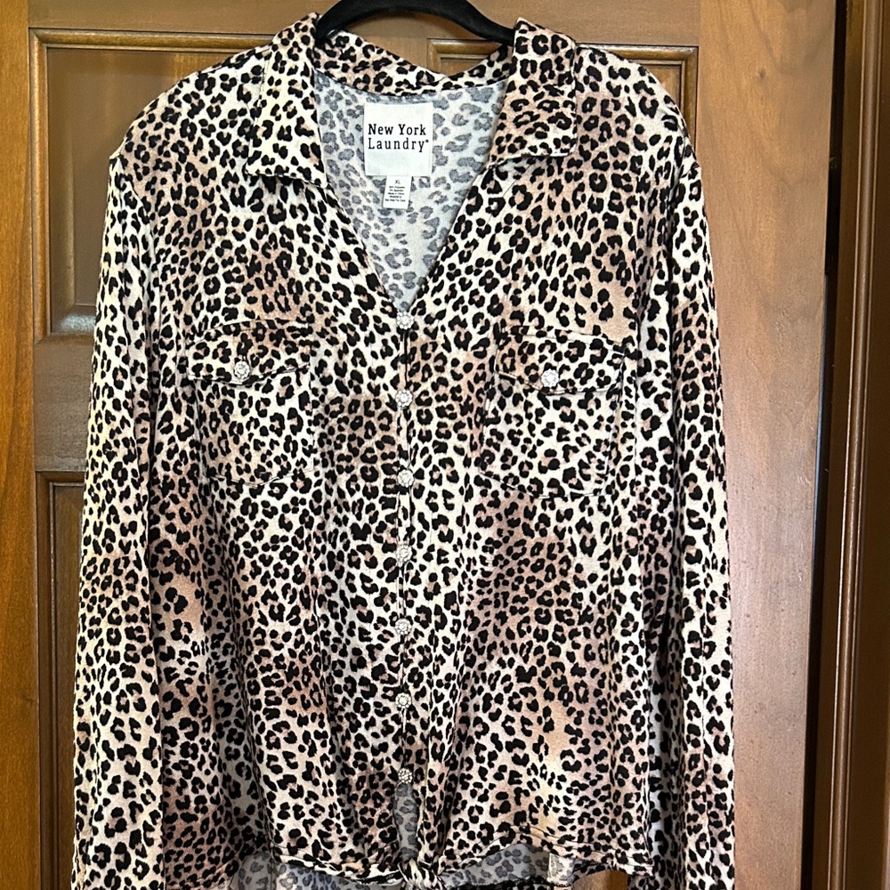New York Laundry Beige and Black Leopard-Print Button Front Shirt
